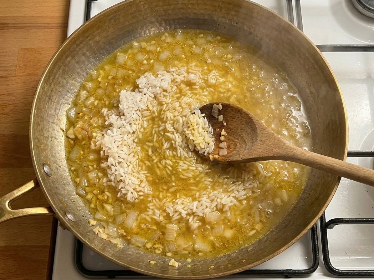 A wooden spoon stirring uncooked rice into broth in a skillet with sautéed onions and garlic, showing a glossy, lemony liquid beginning to simmer