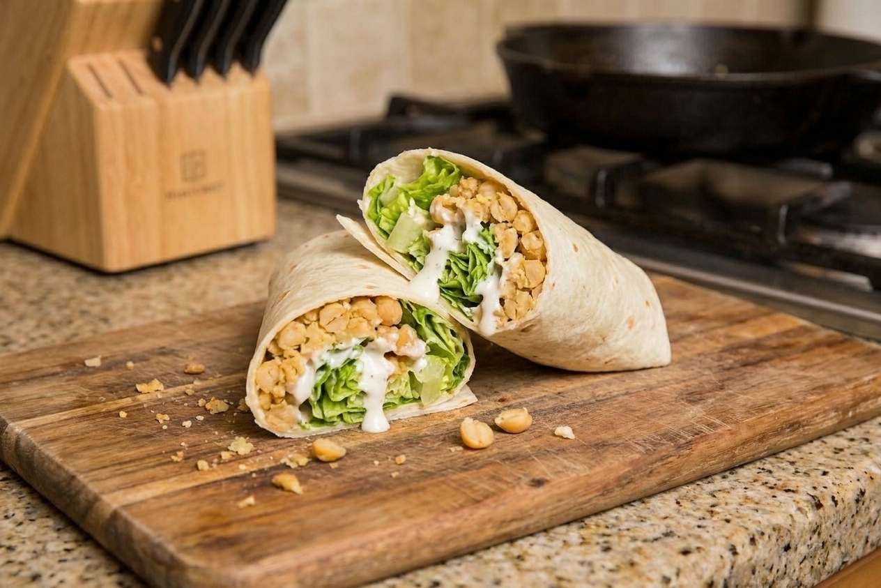 A wrap sliced in half, filled with smashed chickpeas, chopped romaine, and creamy dressing on a wooden board