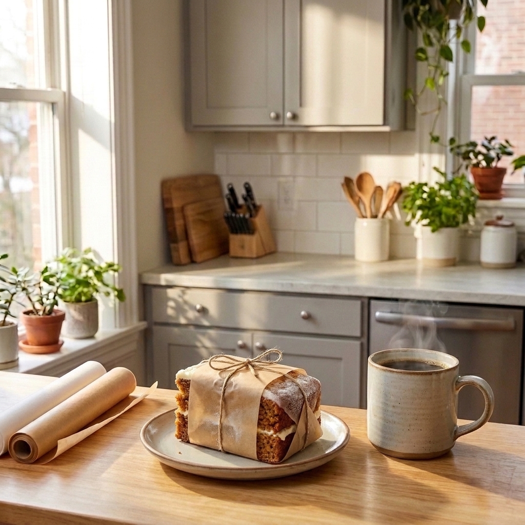 A wrapped cake slice thawing on a plate on a kitchen counter next to a cup of coffee