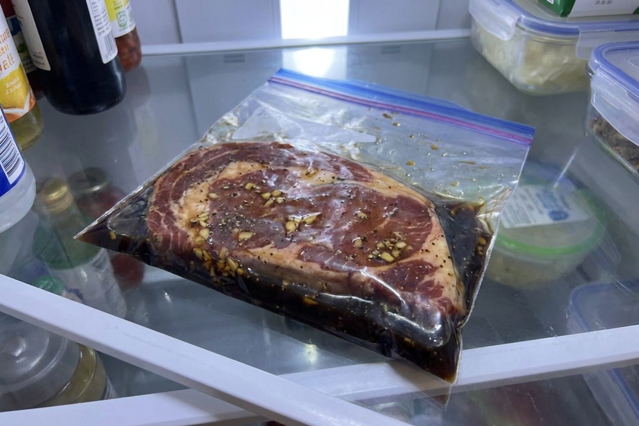 A zip-top bag with steak and dark marinade resting flat on a refrigerator shelf