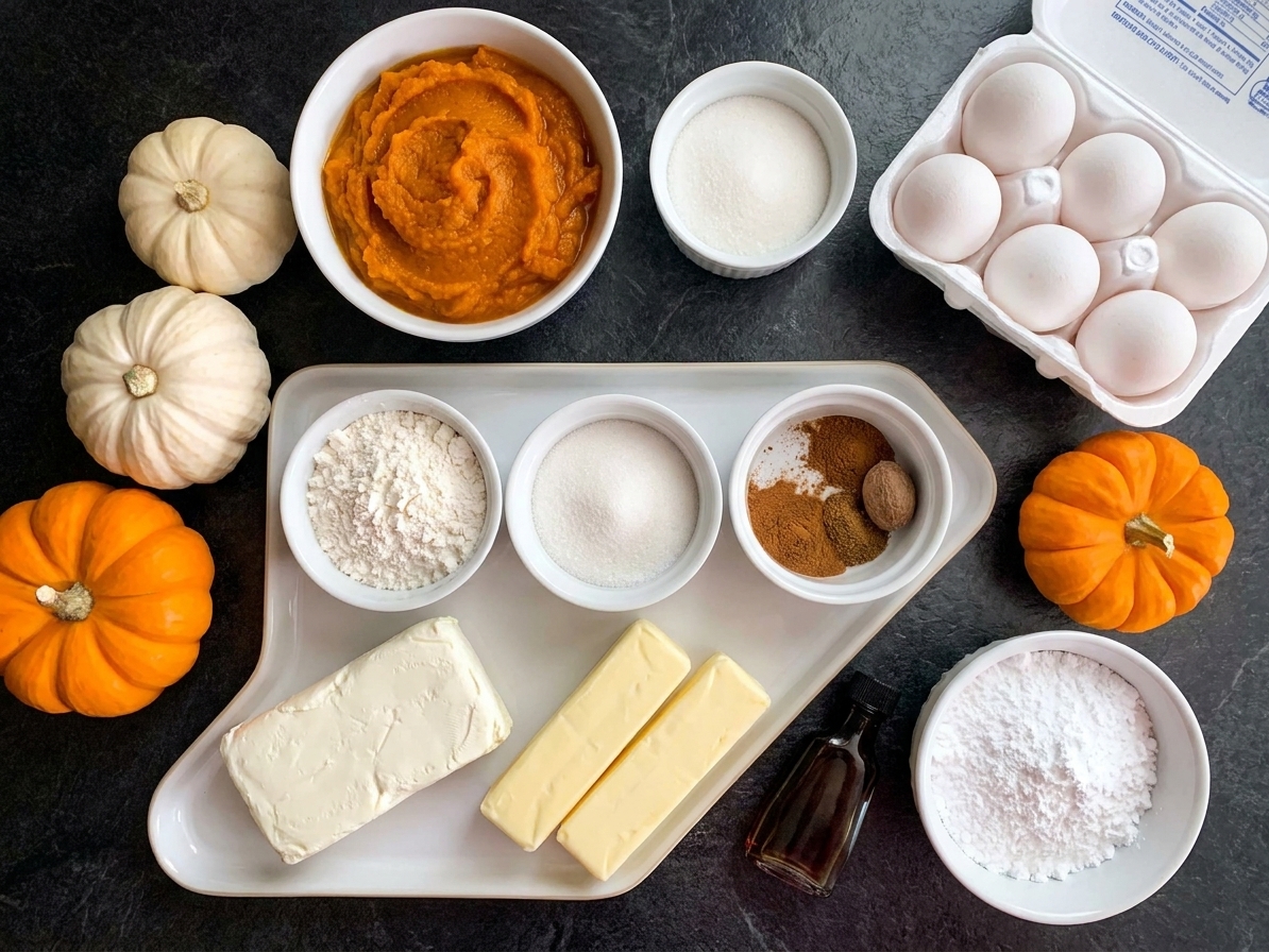 All pumpkin roll ingredients arranged on a kitchen counter including pumpkin puree, eggs, flour, sugar, spices, cream cheese, butter, vanilla, and powdered sugar