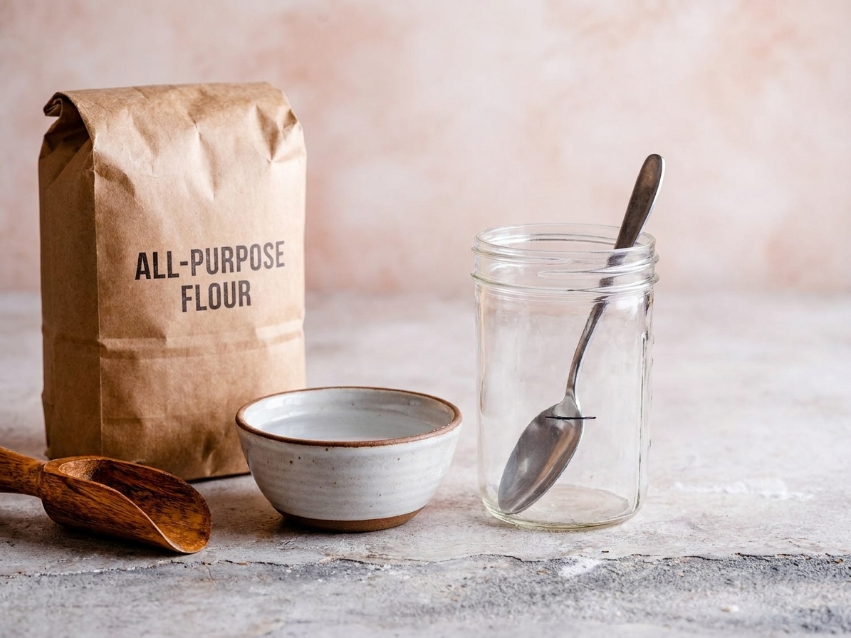 All-purpose flour, a small bowl of water, and an empty glass jar with a spoon arranged on a bright kitchen counter