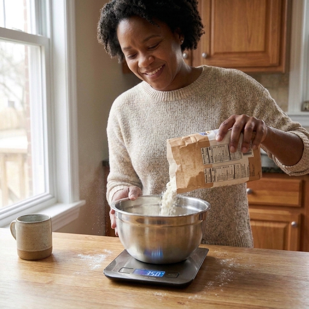 All-purpose flour being poured into a bowl on a digital kitchen scale on a countertop