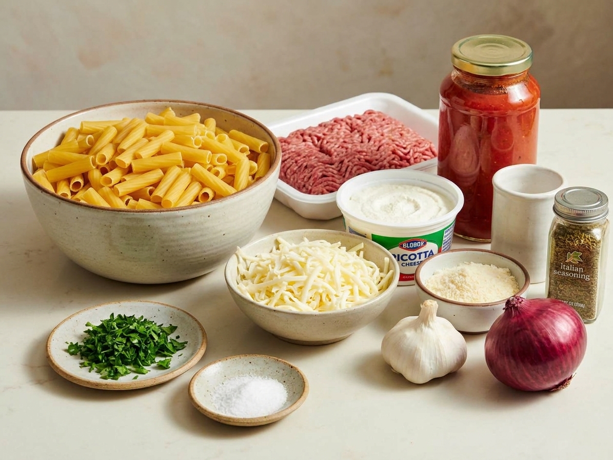 All the ingredients for baked ziti arranged on a kitchen counter, including ziti pasta, ground beef, marinara sauce, ricotta, mozzarella, Parmesan, garlic, onion, and Italian seasoning