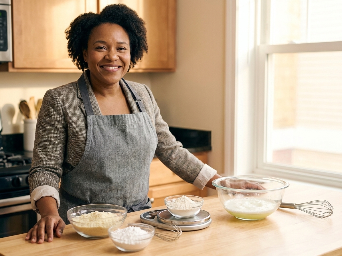 Almond flour, powdered sugar, and a bowl of egg whites arranged on a clean kitchen counter with a digital scale