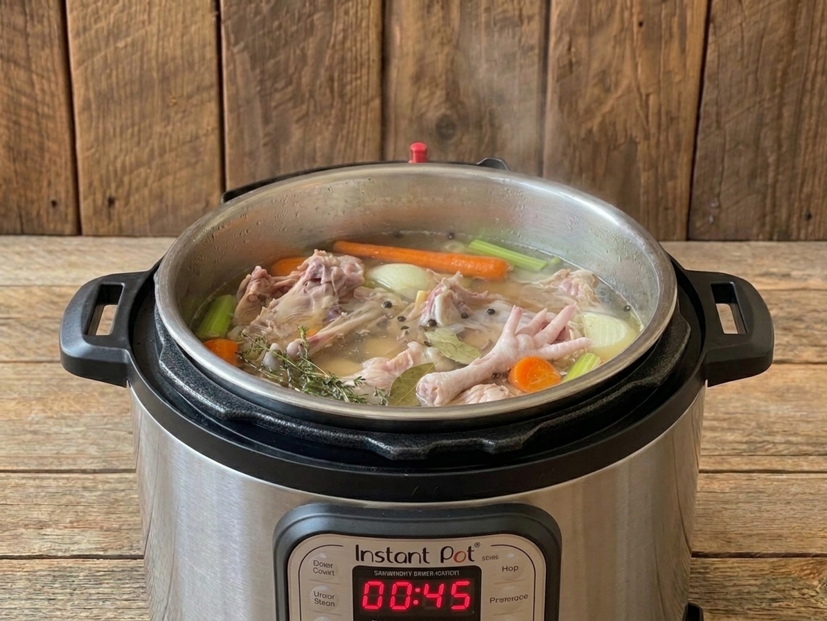 An Instant Pot on a kitchen counter with chicken bone broth cooking under pressure, steam valve visible