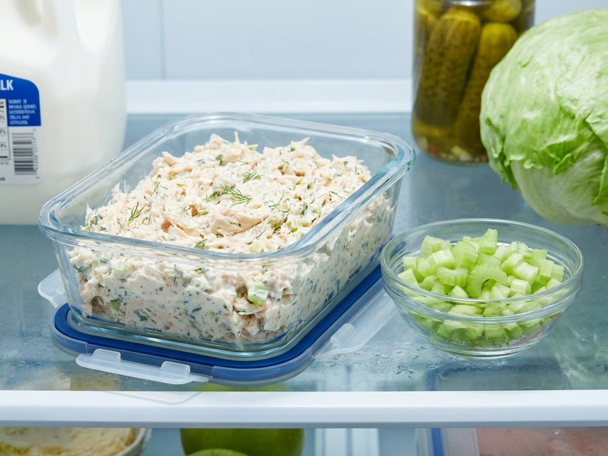 An airtight glass container filled with chicken salad on a refrigerator shelf next to a small container of diced celery