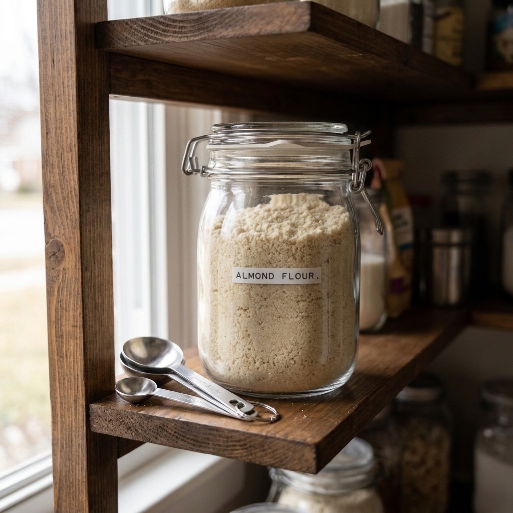 An airtight glass container of almond flour on a pantry shelf next to measuring spoons