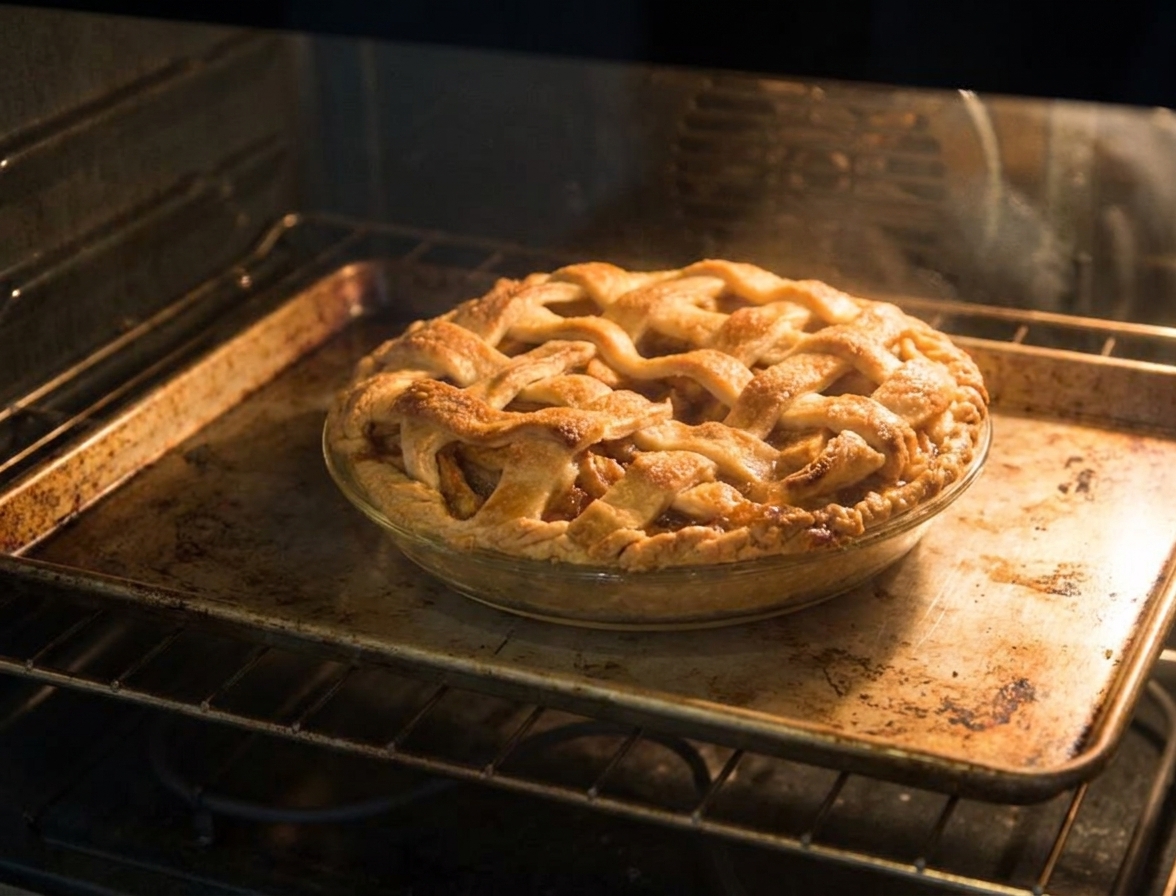 An apple pie baking in the oven on a metal sheet pan with a golden crust