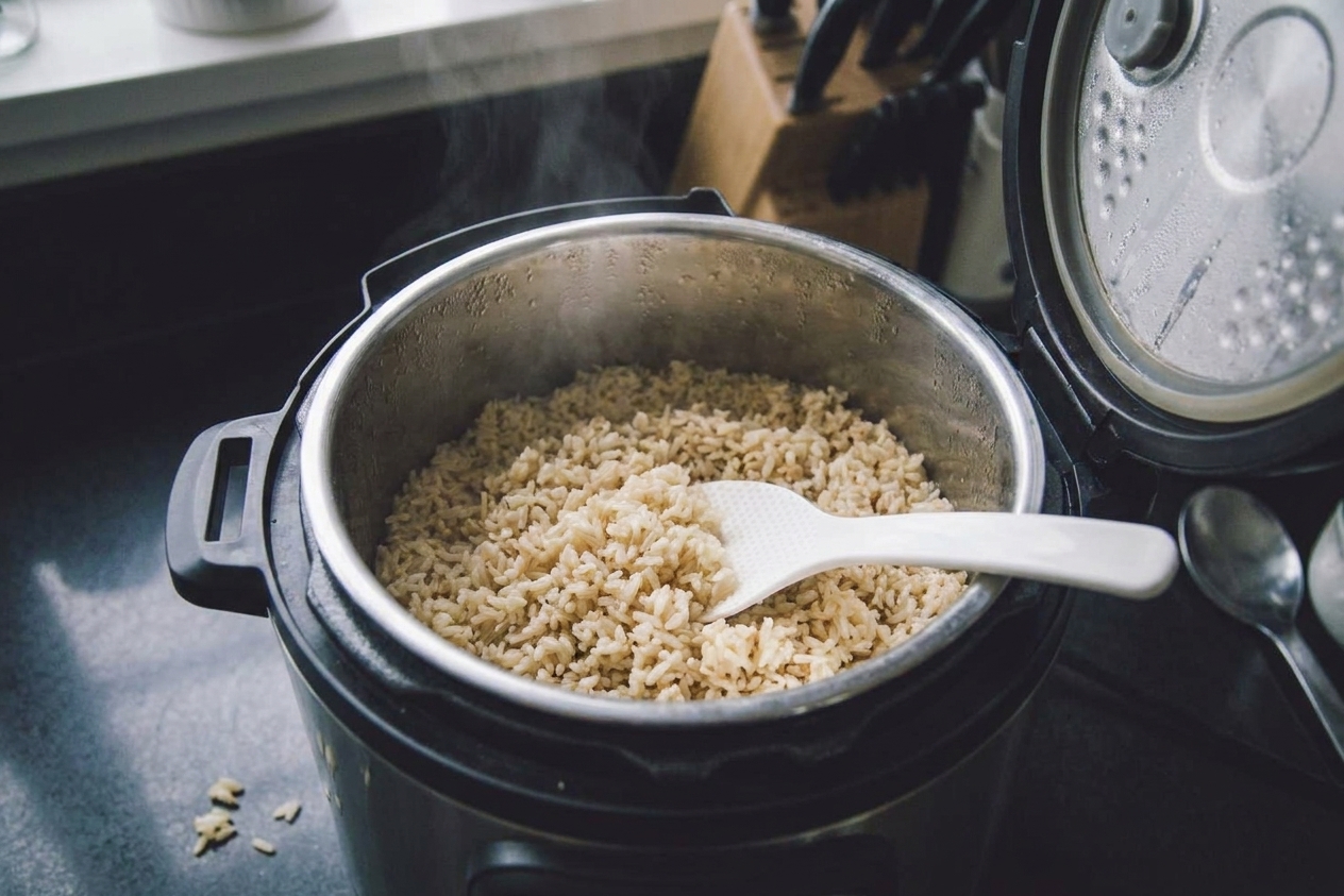 An electric pressure cooker on a kitchen counter with the lid just opened to reveal freshly cooked brown rice inside