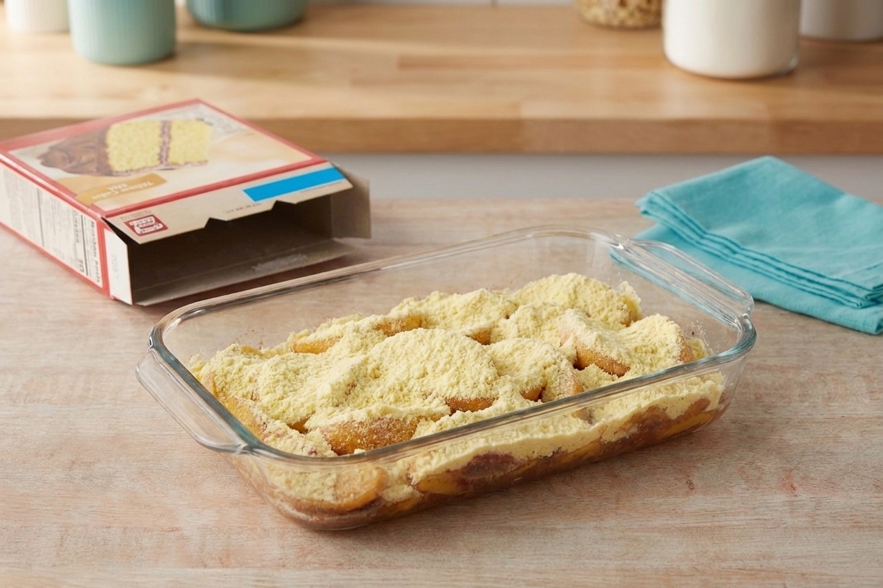 An even layer of dry yellow cake mix sprinkled over peaches in a baking dish