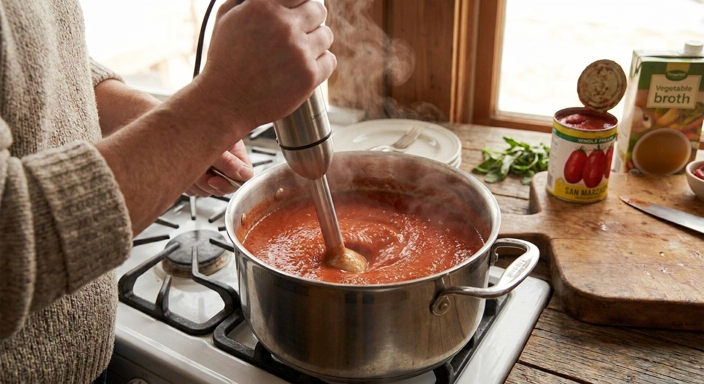 An immersion blender being used in a pot of tomato soup on a stovetop, creating a smooth swirl