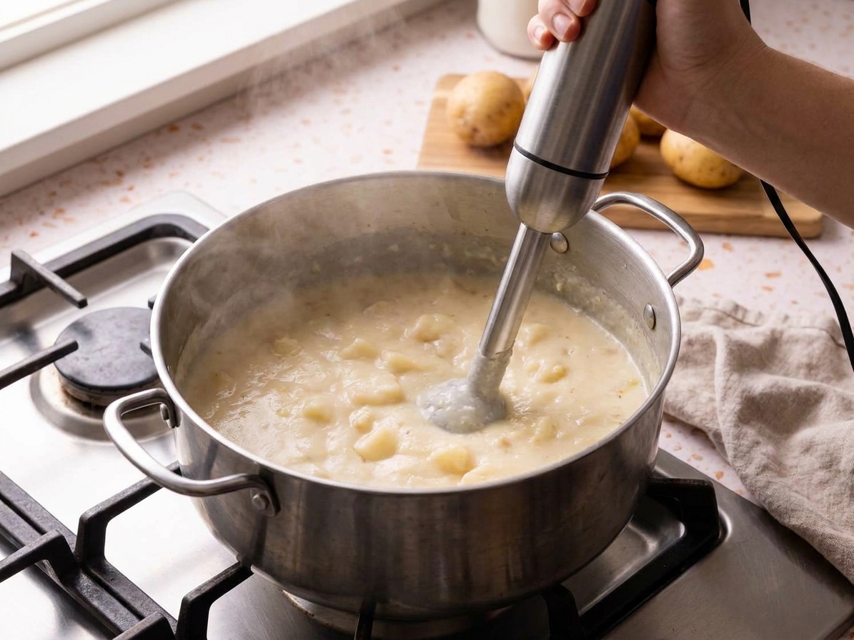An immersion blender being used inside a stainless steel soup pot on a stovetop to blend potato soup