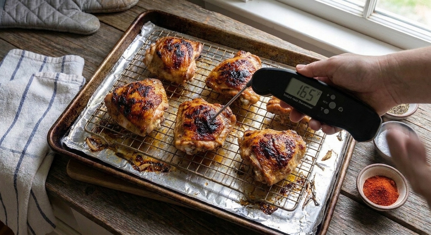 An instant-read thermometer inserted into the thickest part of a roasted chicken thigh on a sheet pan
