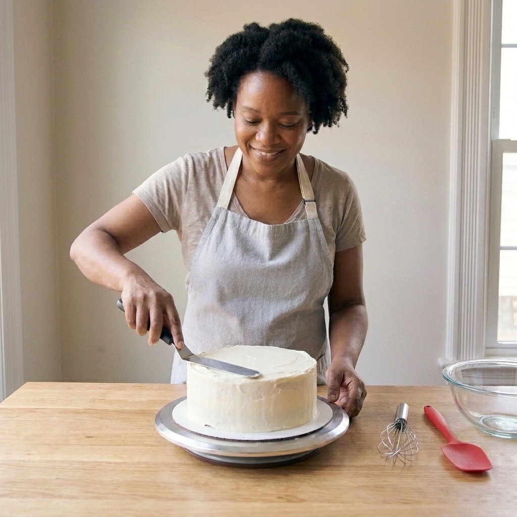 An offset spatula smoothing frosting on a cake