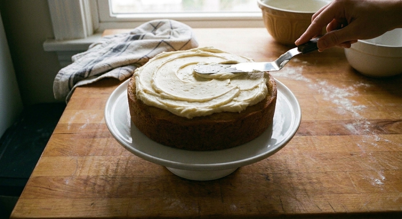 An offset spatula spreading frosting over the top of a cake on a cake stand