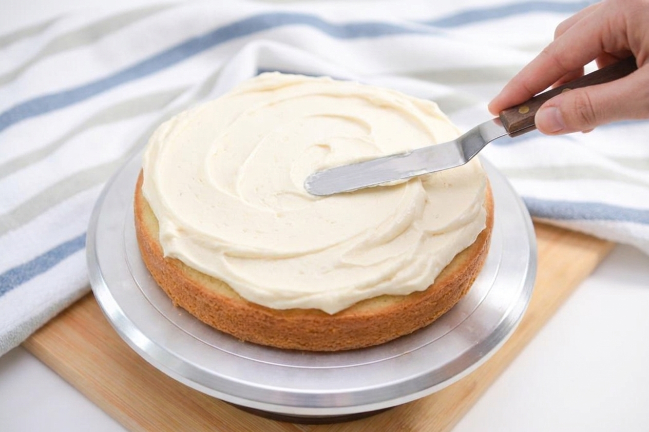 An offset spatula spreading vanilla buttercream across the top of a round cake on a turntable
