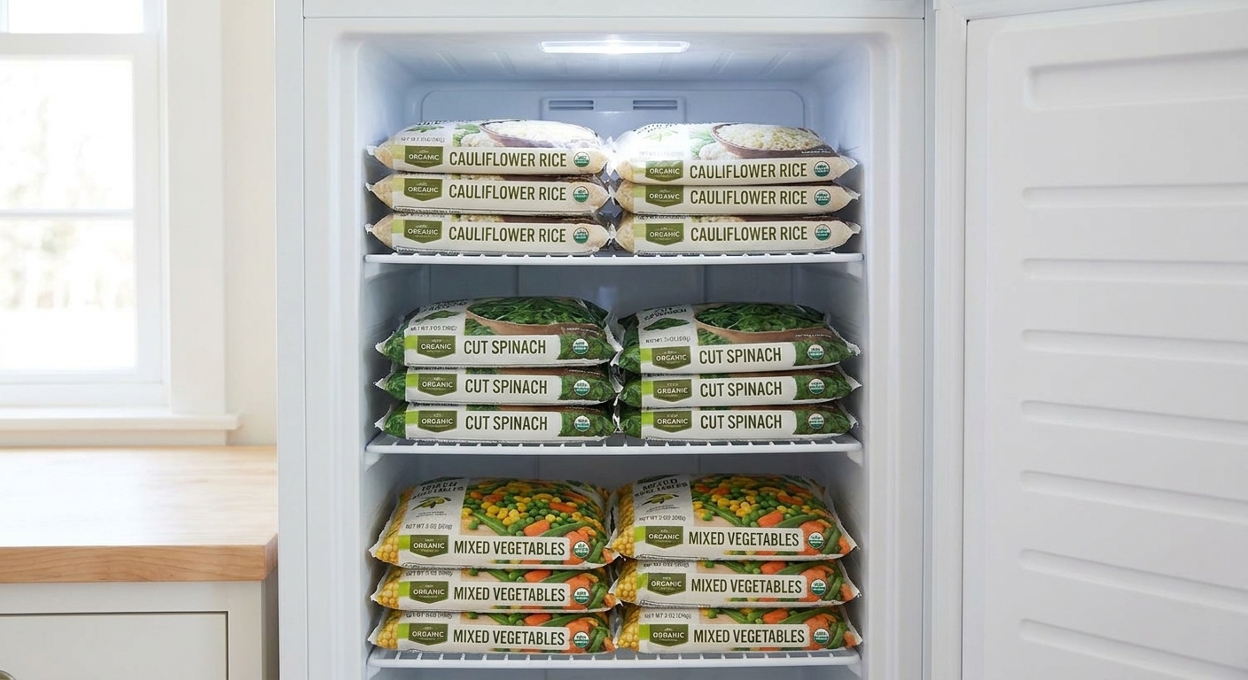 An open freezer with bags of frozen cauliflower rice, spinach, and mixed vegetables stacked neatly