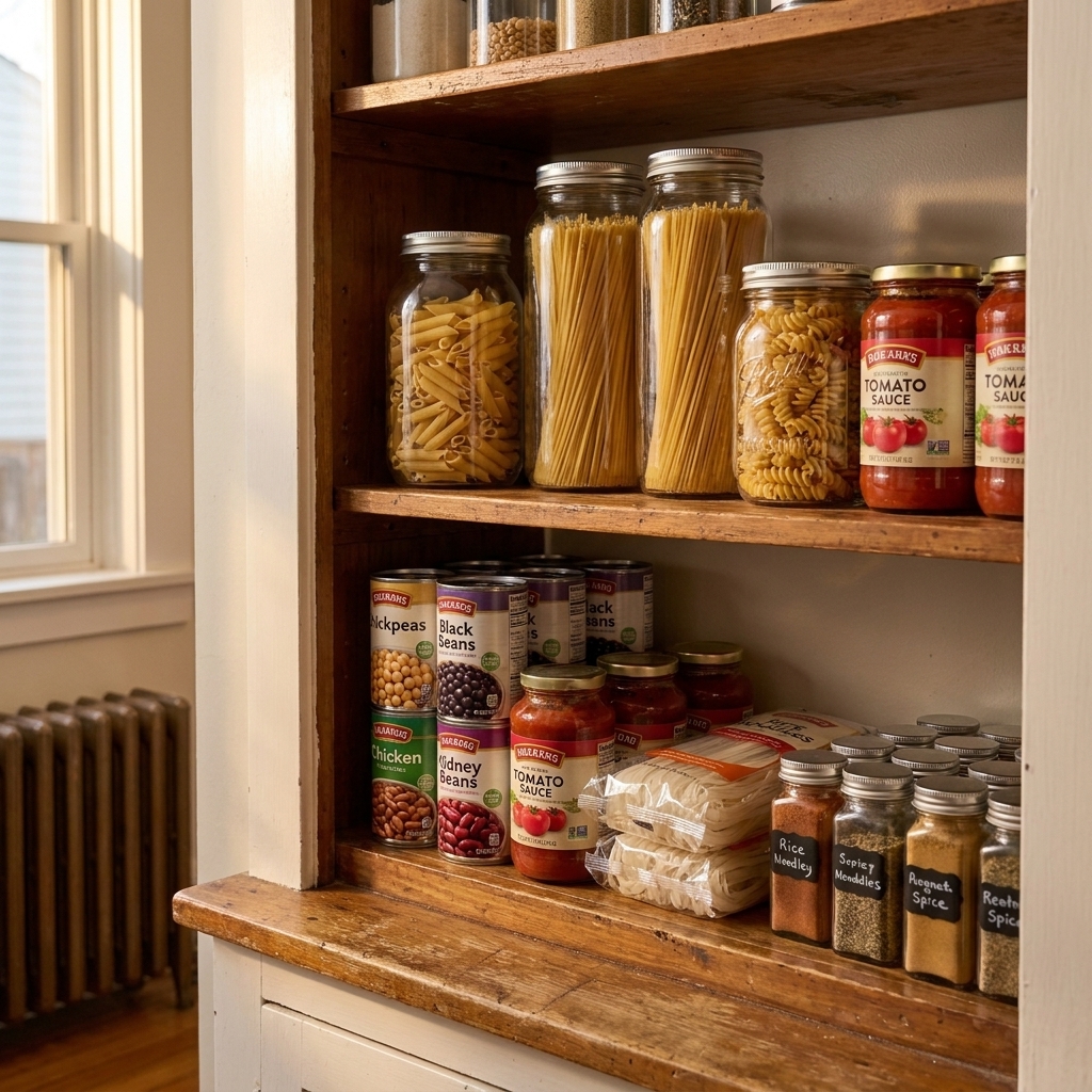 An open pantry shelf with pasta, canned beans, jarred sauce, rice noodles, and spices ready for quick weeknight meals