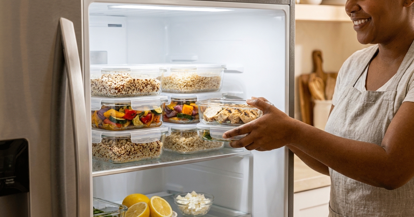 An open refrigerator shelf with neatly stacked glass meal prep containers holding cooked grains, roasted vegetables, and sliced chicken