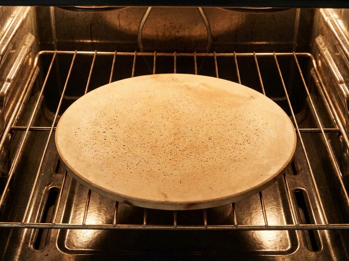 An oven rack holding a pizza stone heating inside a hot oven, oven light on