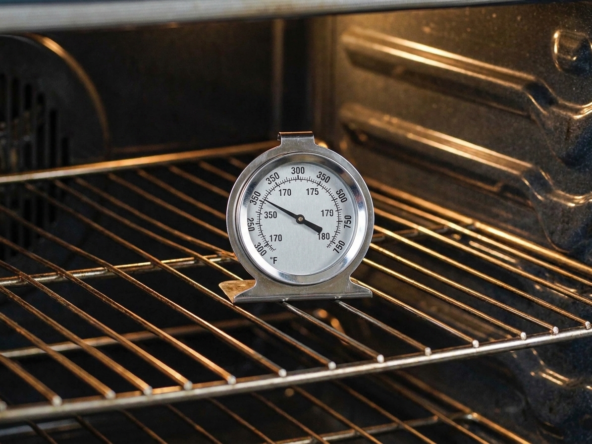 An oven thermometer sitting on a middle rack inside an oven, showing the temperature clearly
