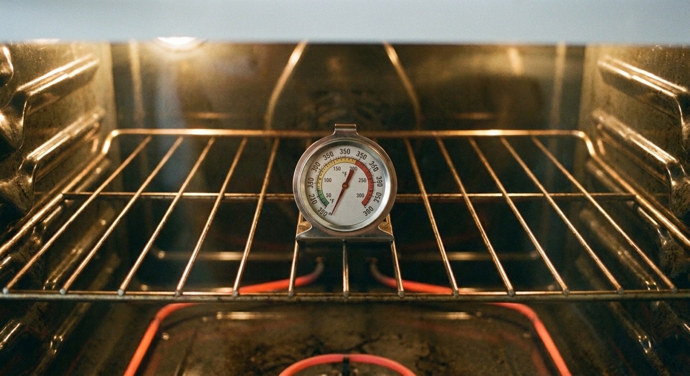 An oven thermometer sitting on the center rack inside an oven during preheating