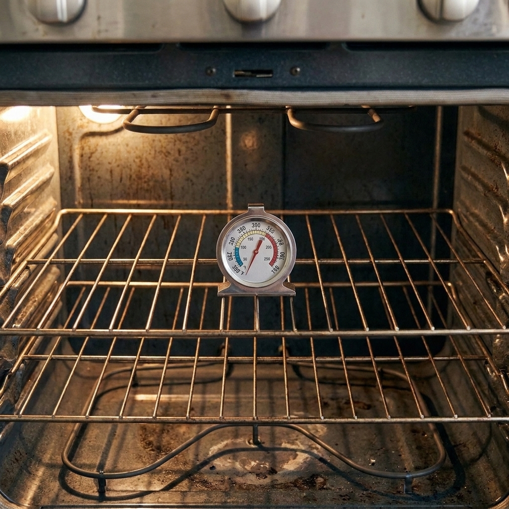 An oven thermometer sitting on the center rack of a home oven