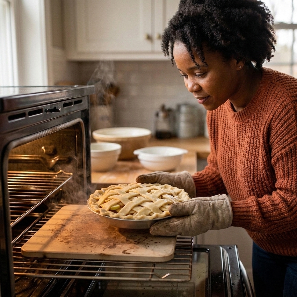 An unbaked apple pie in a metal pie pan being placed onto a preheated baking stone in a home oven