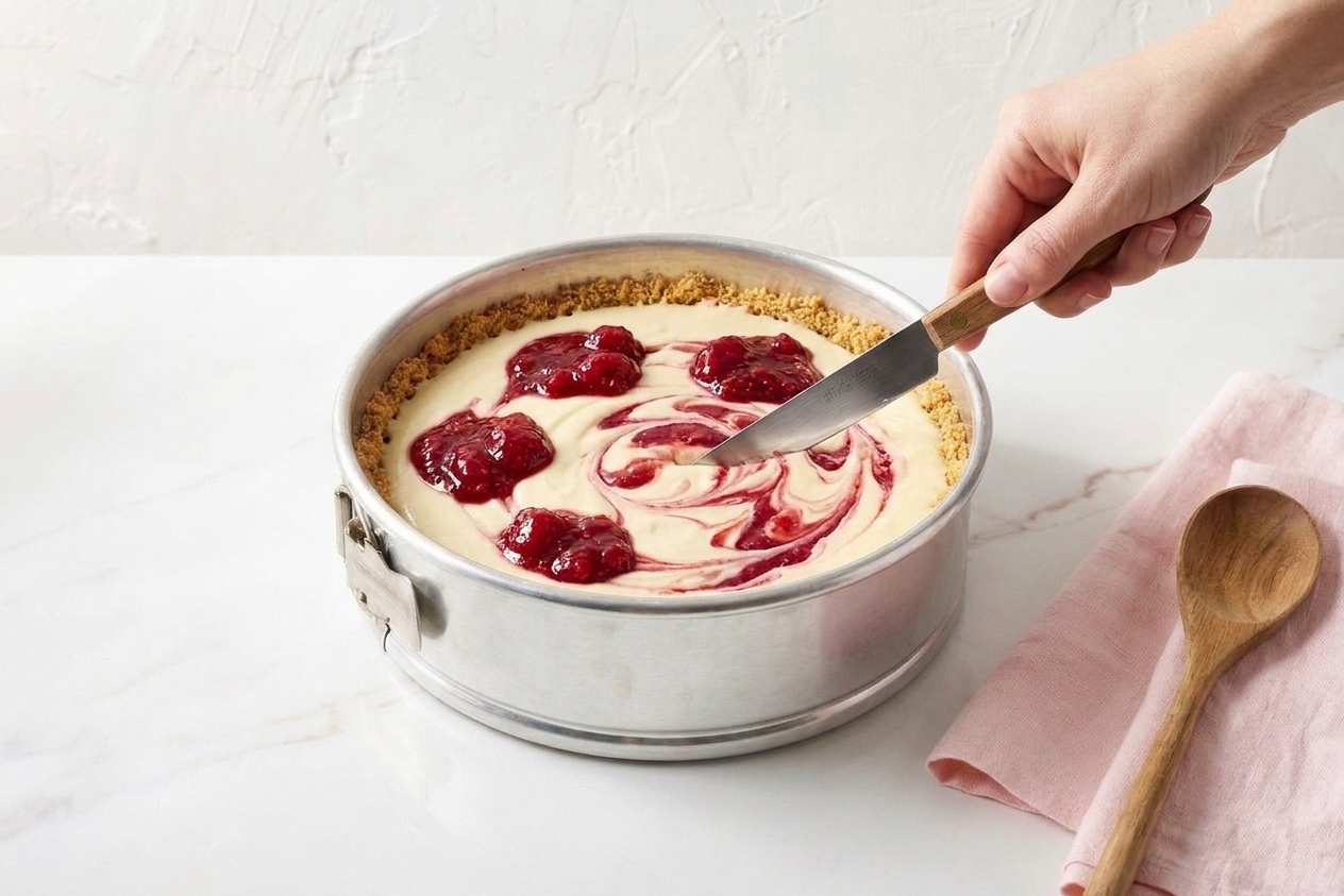 An unbaked cheesecake in a springform pan with dollops of raspberry sauce swirled into the pale batter using a knife