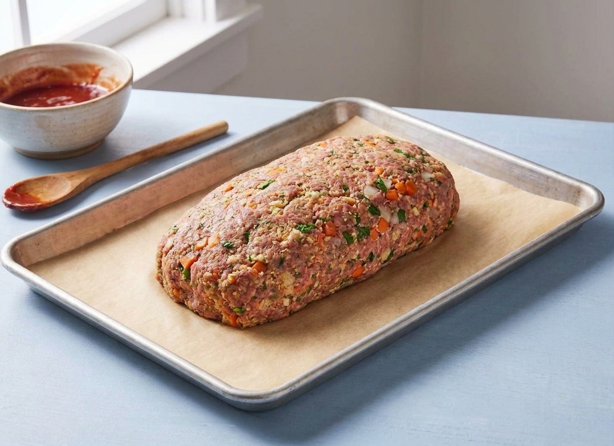 An unbaked meatloaf shaped into a loaf on parchment paper on a rimmed sheet pan, ready to go into the oven