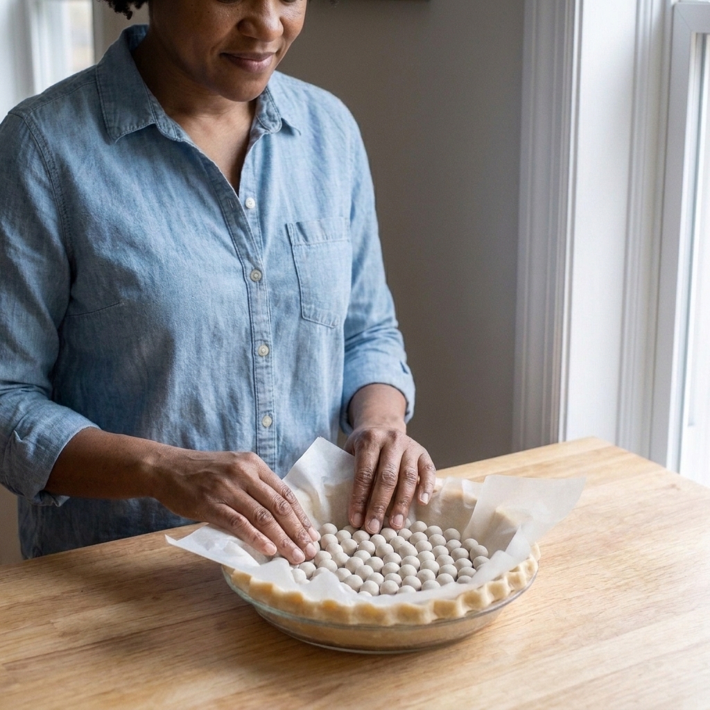 An unbaked pie crust lined with parchment paper and filled with ceramic pie weights, ready for blind baking