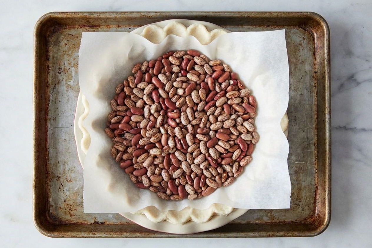 An unbaked pie crust lined with parchment paper and filled with dried beans as pie weights on a baking sheet