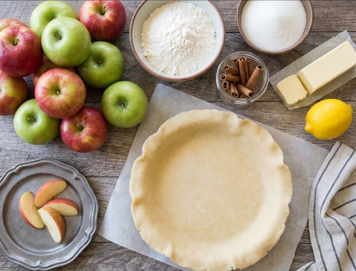 Apples, flour, sugar, cinnamon, butter, lemon, and a pie crust on a kitchen counter ready for baking