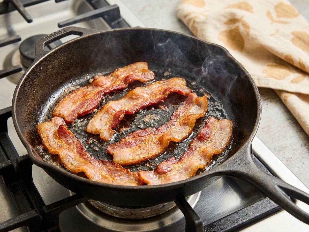 Bacon strips sizzling in a cast iron skillet on a stovetop, edges turning crisp