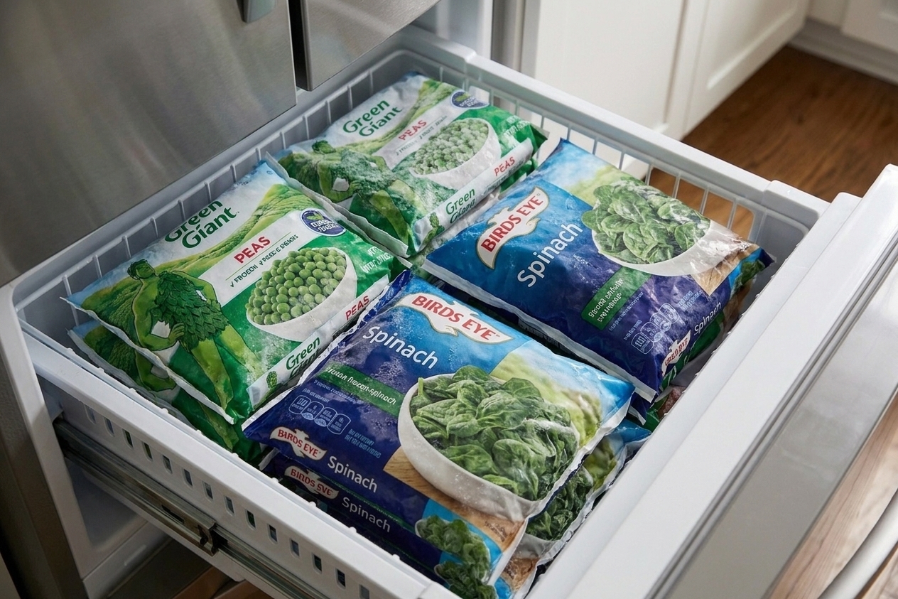 Bags of frozen peas and frozen spinach stacked neatly in a home freezer drawer