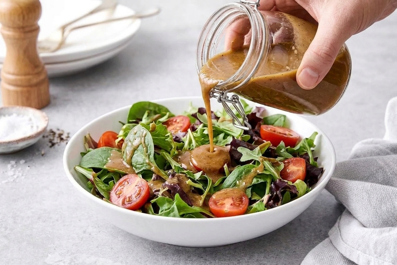 Balsamic vinaigrette being poured from a small jar onto a salad of mixed greens and cherry tomatoes in a large bowl