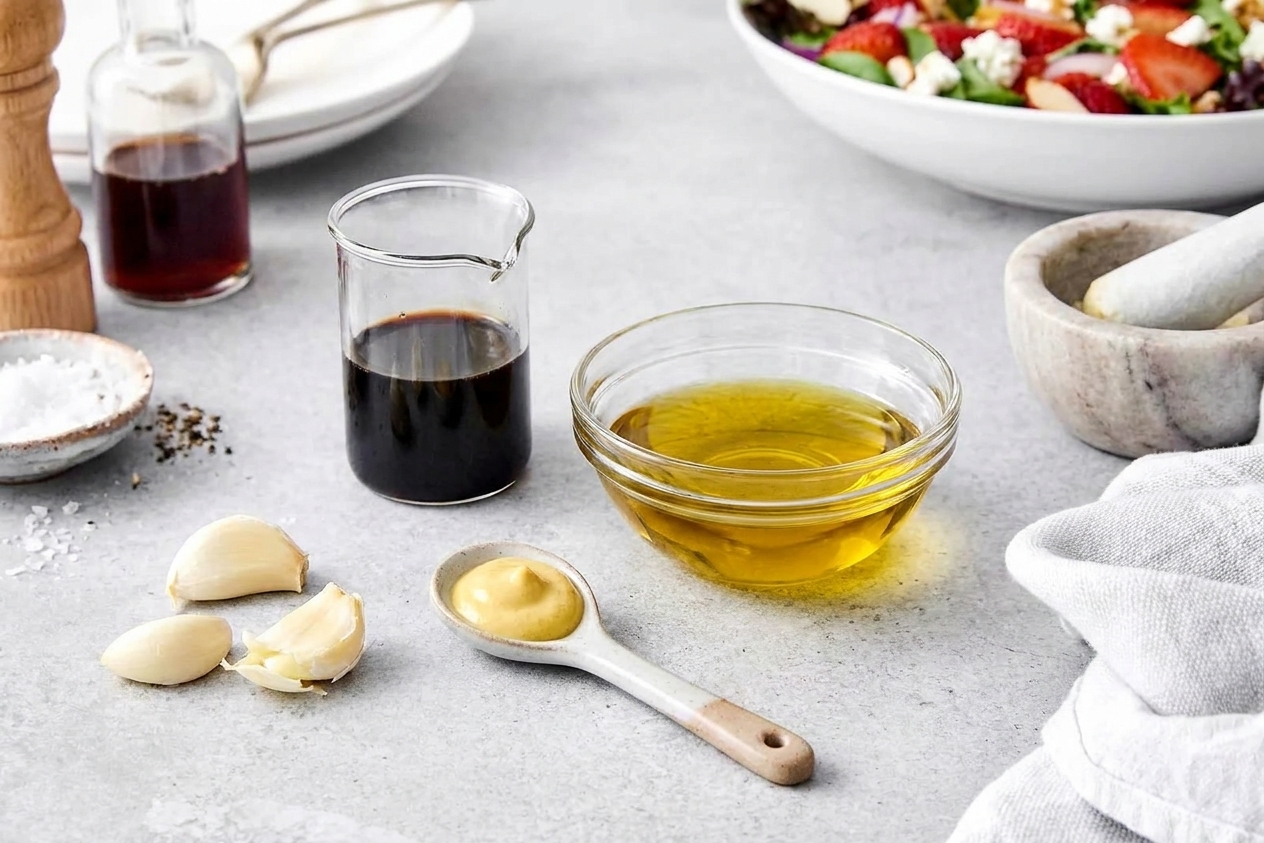 Balsamic vinegar, extra virgin olive oil, Dijon mustard, garlic, salt, and pepper arranged as measured ingredients on a kitchen counter