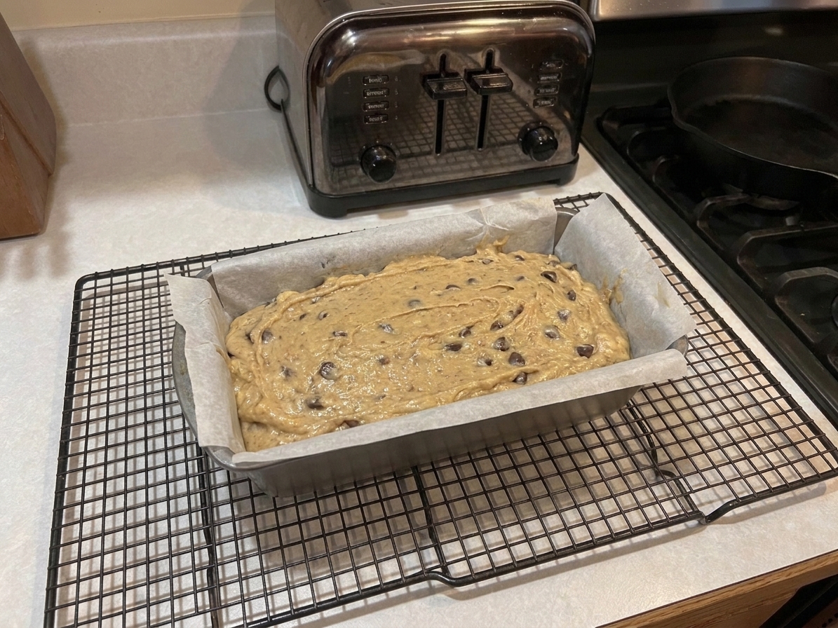 Banana bread batter smoothed into a parchment-lined loaf pan on a kitchen counter before baking