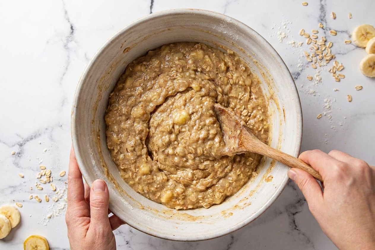 Banana oat muffin batter being stirred in a large mixing bowl on a kitchen counter