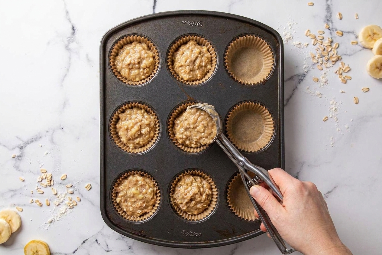 Banana oat muffin batter portioned into a lined muffin pan with an ice cream scoop on a kitchen counter