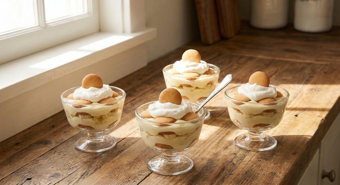 Banana pudding served in small dessert bowls with a vanilla wafer on top, set on a simple table setting