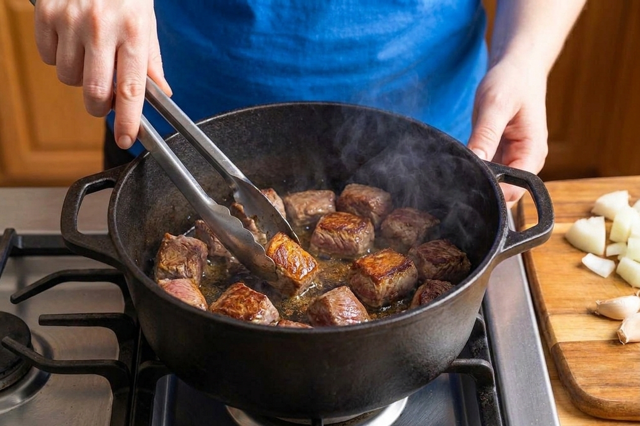 Beef cubes browning in a Dutch oven with a golden sear developing on the surface
