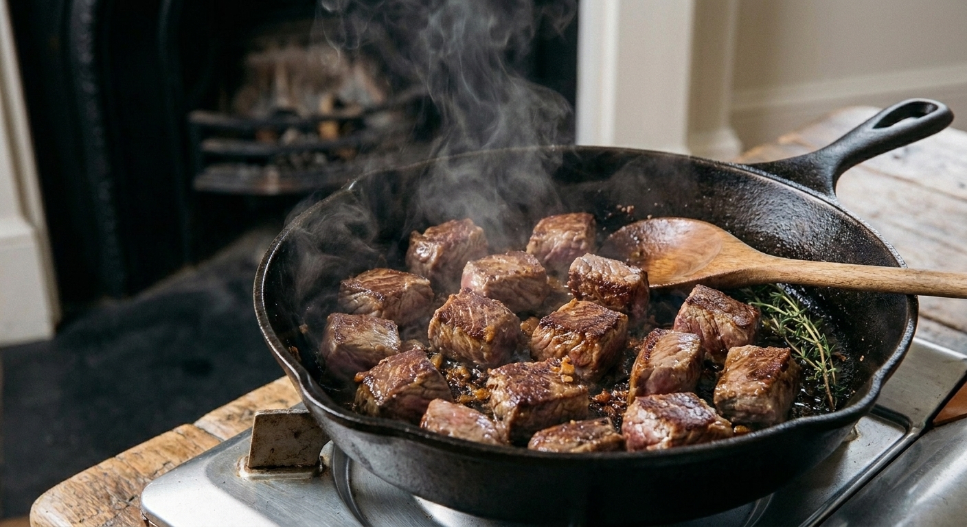 Beef cubes browning in a cast iron skillet with golden crust forming, steam rising in a home kitchen