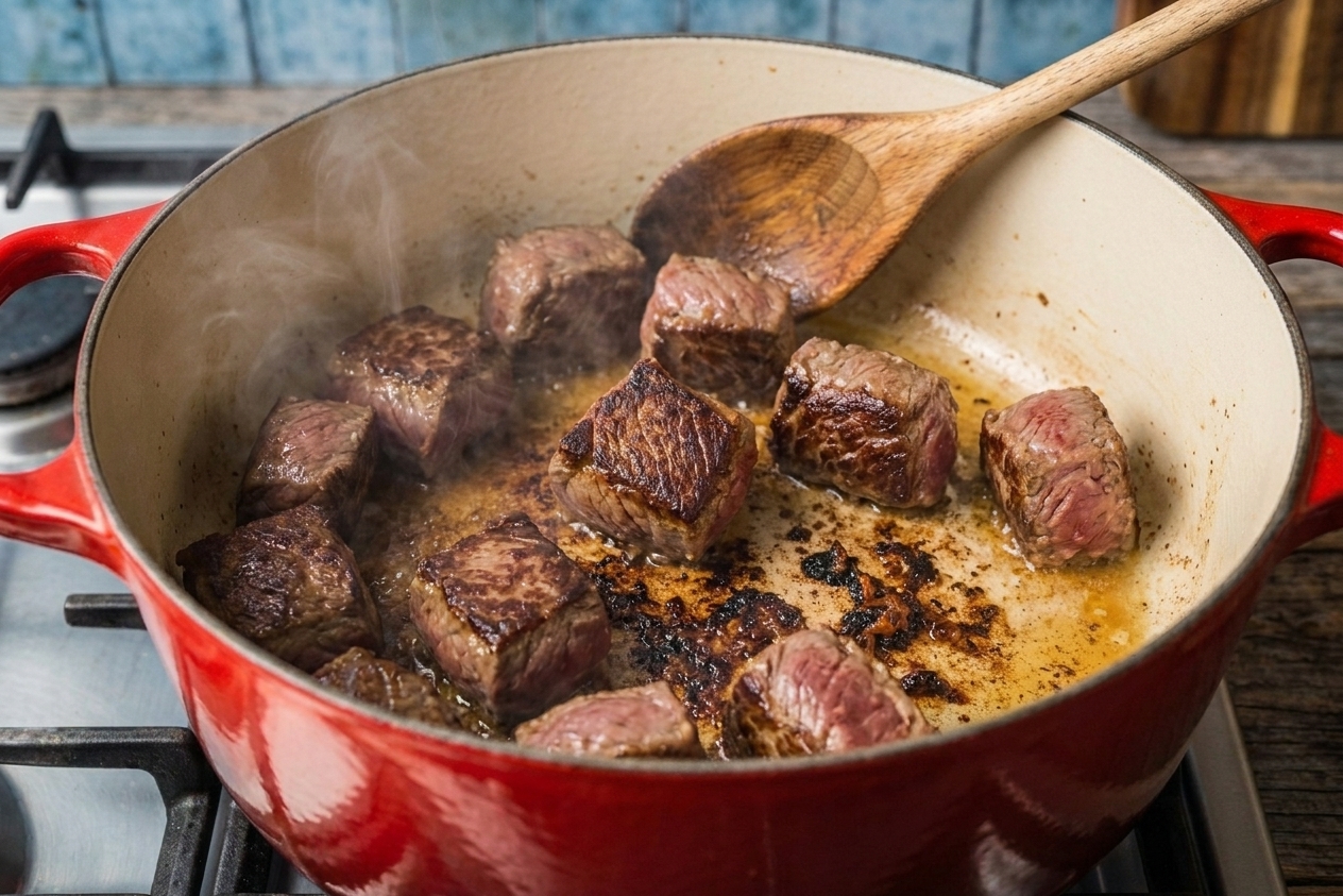 Beef stew meat browning in a Dutch oven with caramelized bits forming on the bottom of the pot