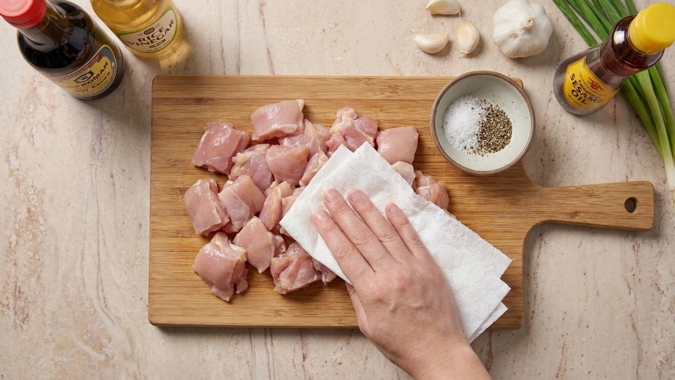 Bite-size chicken pieces being patted dry with paper towels on a cutting board next to a small bowl of salt and pepper