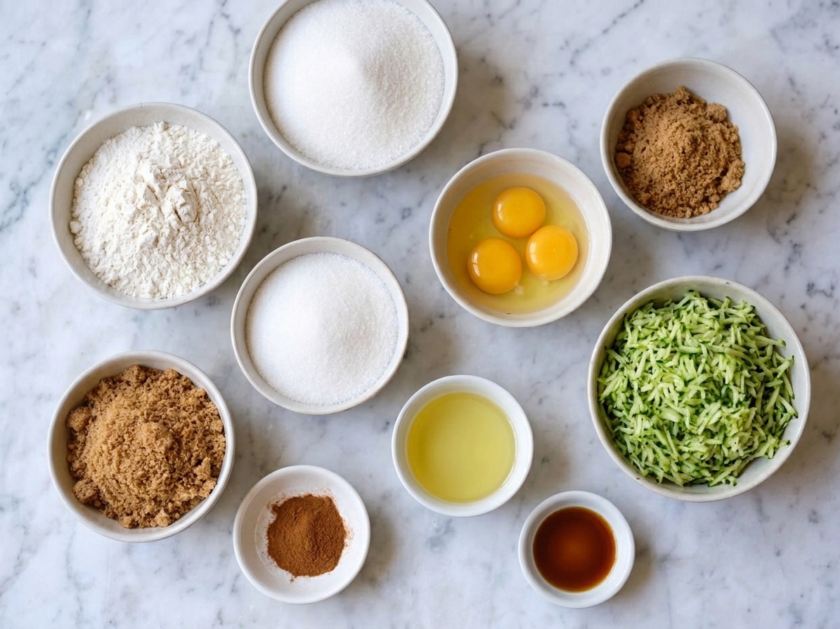 Bowls of flour, sugars, cinnamon, eggs, oil, vanilla, and grated zucchini arranged on a bright kitchen counter