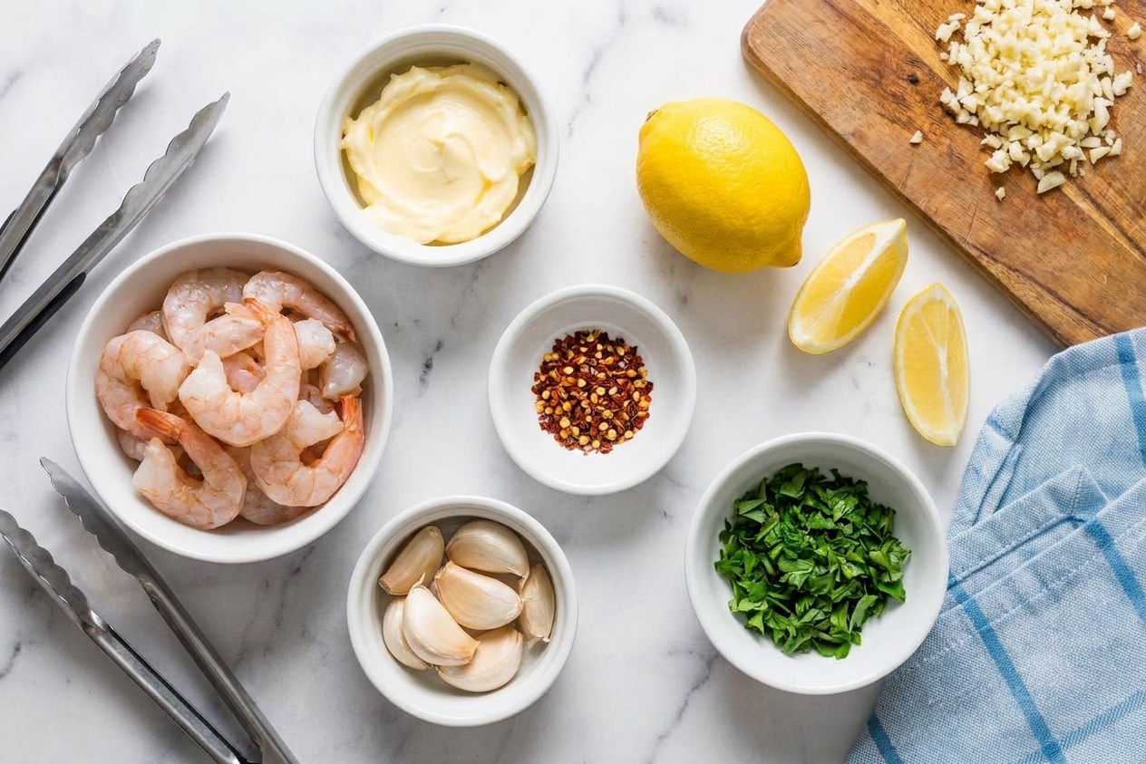 Bowls of peeled shrimp, butter, garlic cloves, a lemon, parsley, and red pepper flakes arranged on a counter for cooking