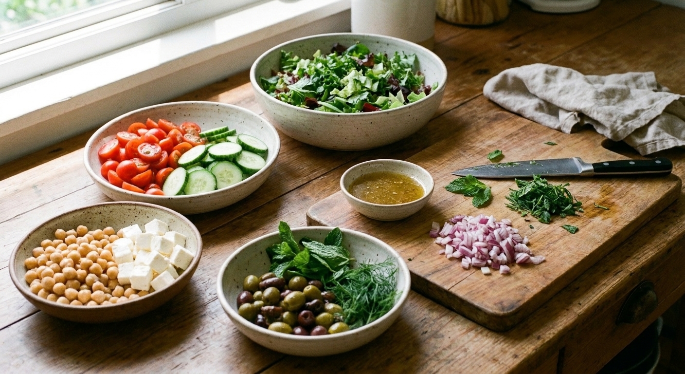 Bowls of prepped salad ingredients like greens, chopped vegetables, and herbs arranged on a counter