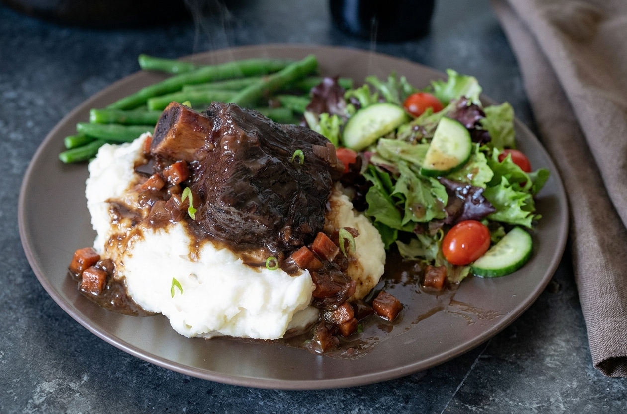 Braised short ribs served with mashed potatoes and a green salad, with plenty of sauce